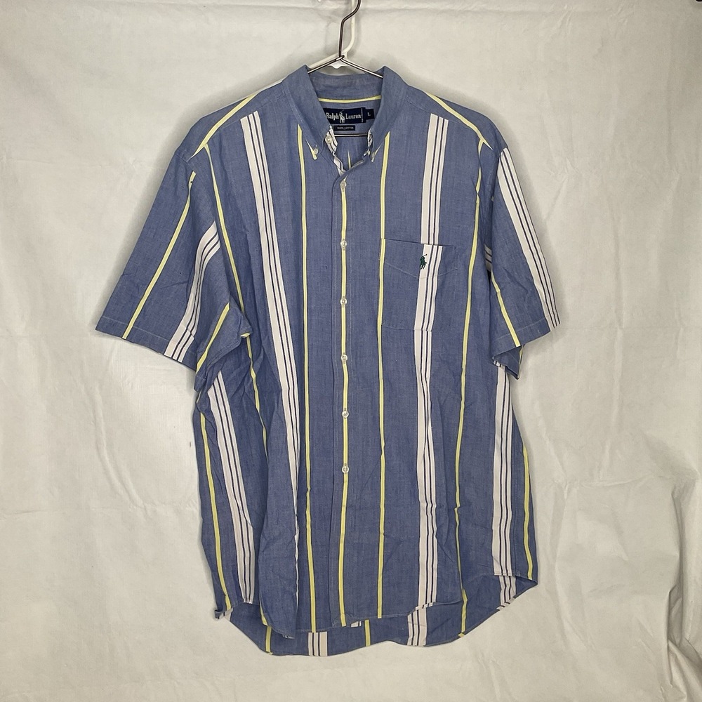Ralph Lauren Short Sleeve Button Down Shirt Men's Large Blue Yellow